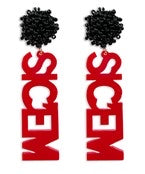 Black beaded stud with red "SIC 'EM" dangles.