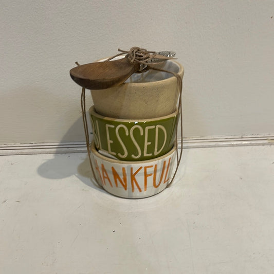 3 set tidbit bowls: tan, green with "Blessed", and white with "Thankful".