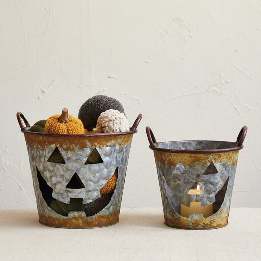 Decorative Galvanized Metal Buckets w/ Handles & Jack-O-Lantern Cut-Outs