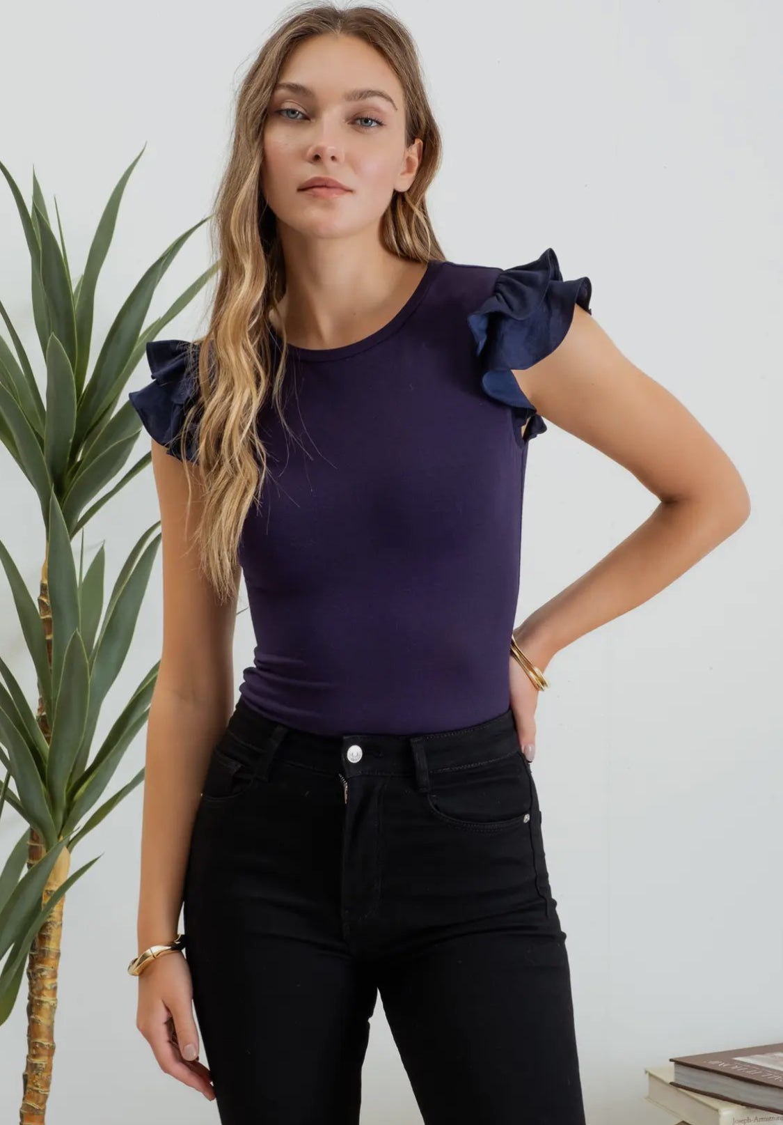 Solid Ruffle Flutter Sleeve Knit Top
