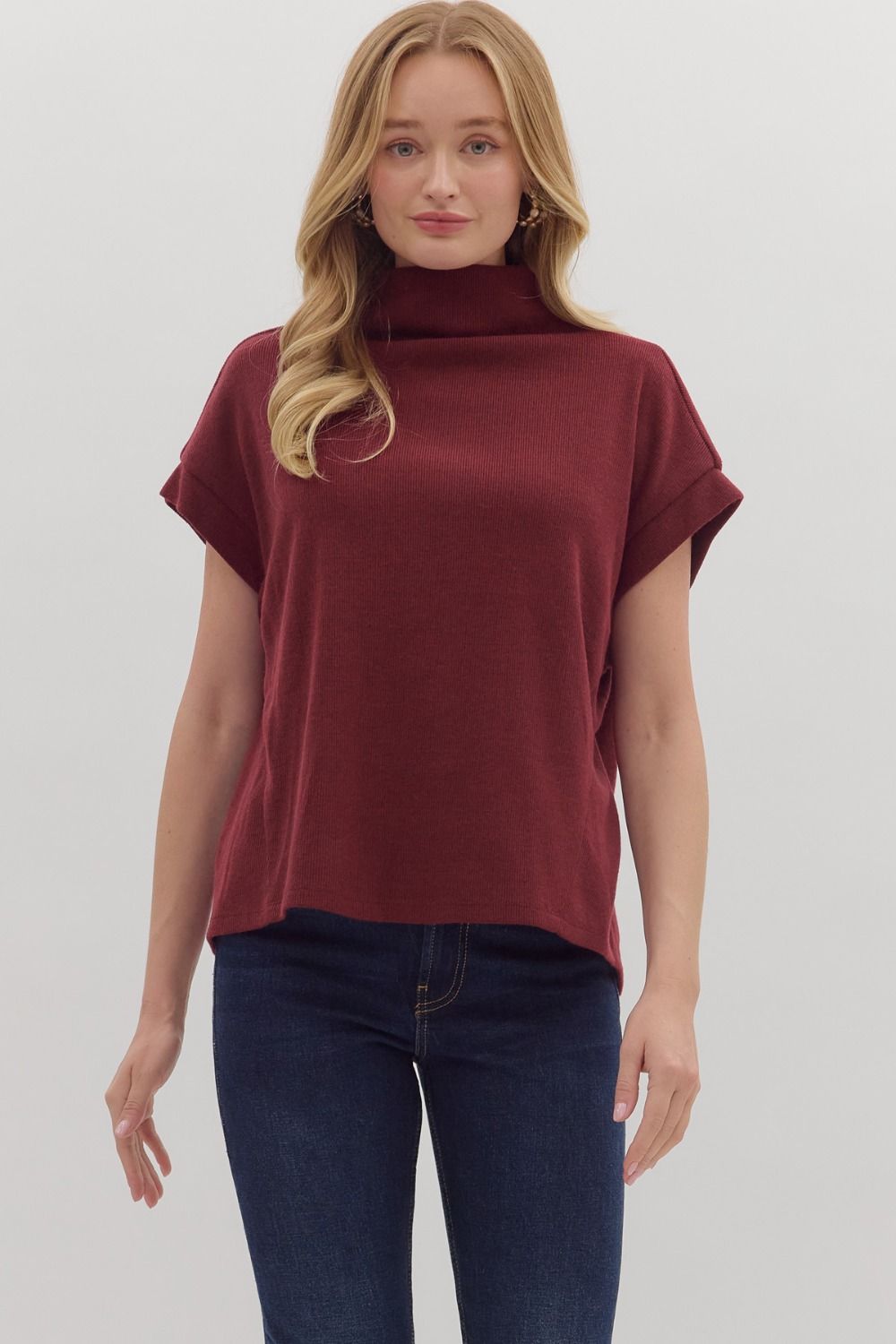 Solid Mock Neck Top with Rolled Cuffs