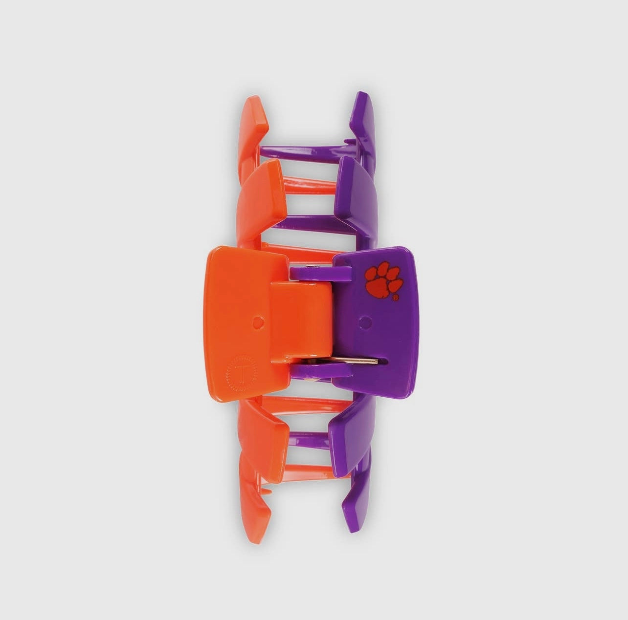 Clemson University Collegiate Teletie Claw Clip in orange and purple. Top view.