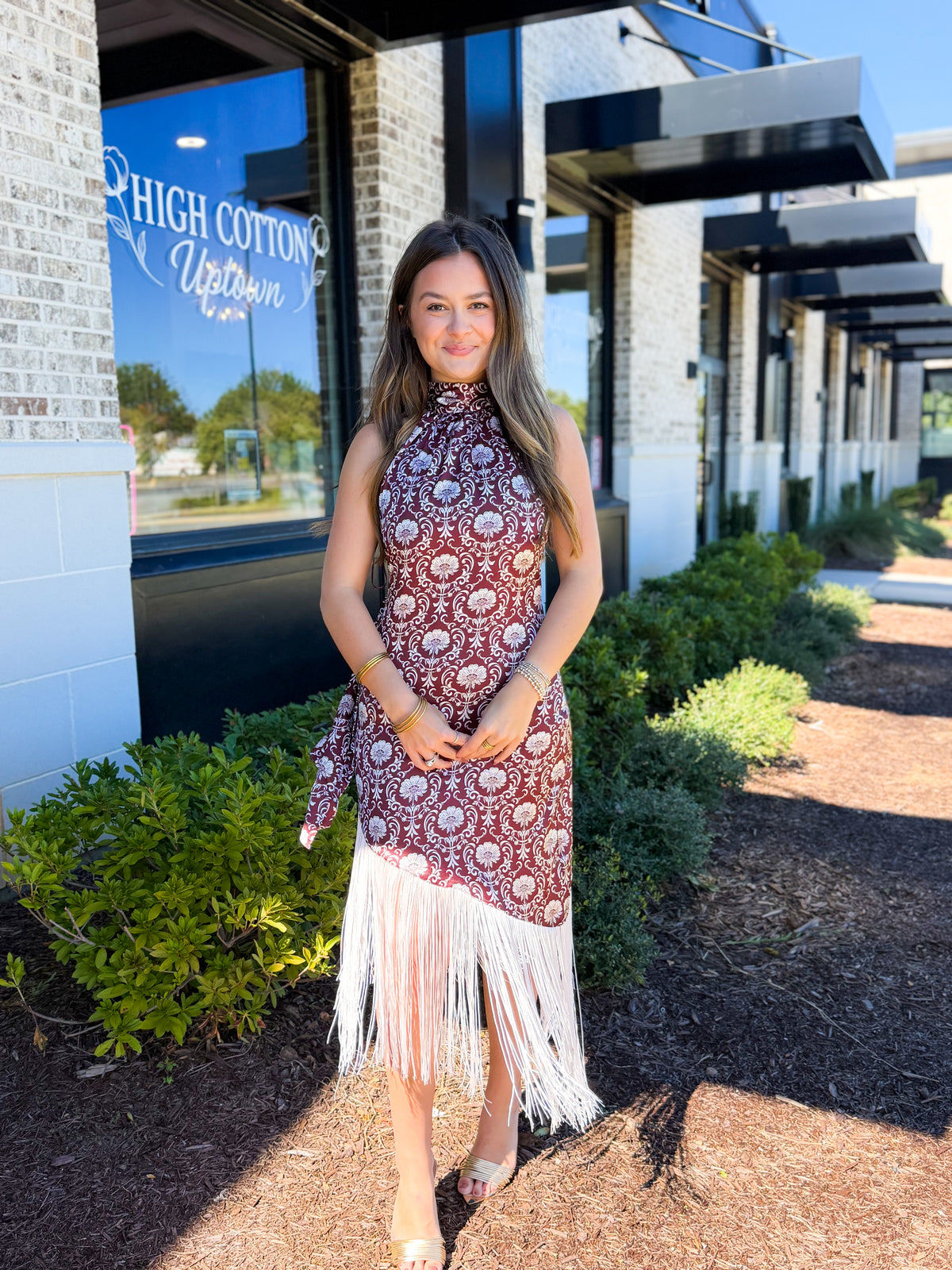Floral Print Halter Fringe Midi Dress
