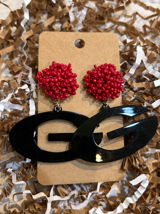 Acrylic Georgia Bulldogs Earrings with Red Beaded Stud and black "G" dangle