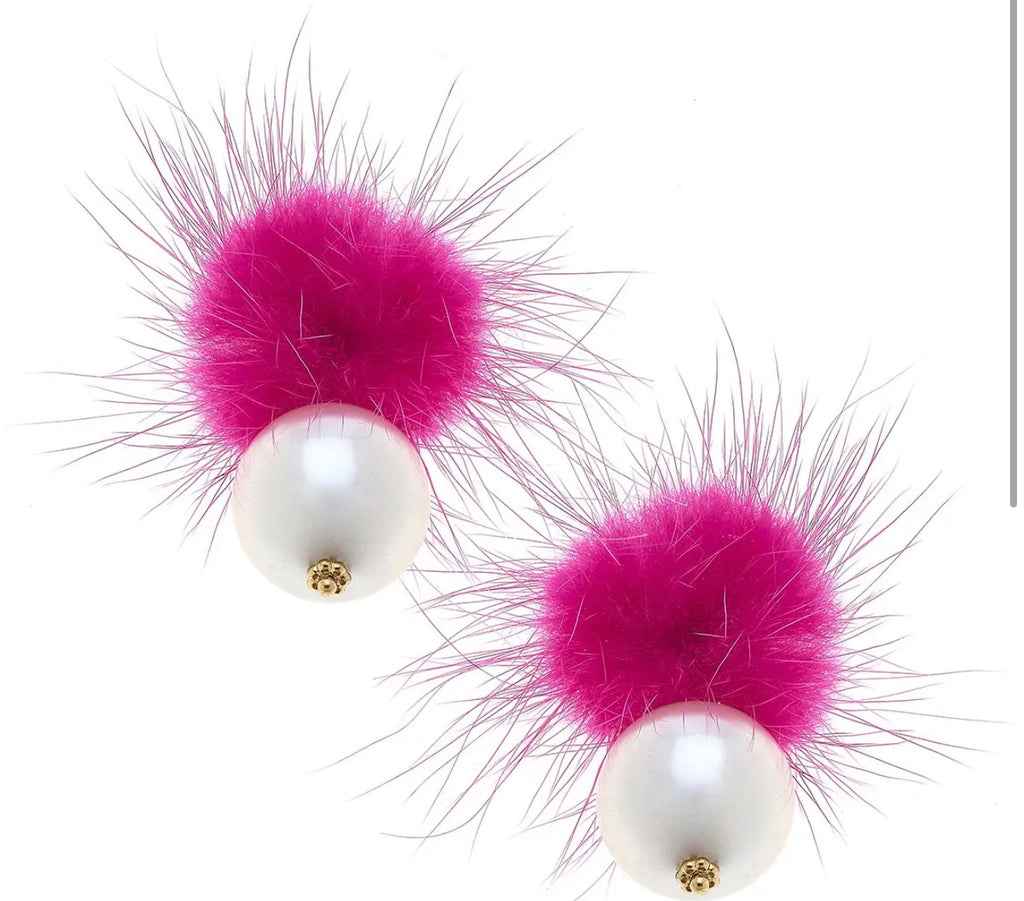 Aster Faux Mink Pompon & Pearl Earrings
