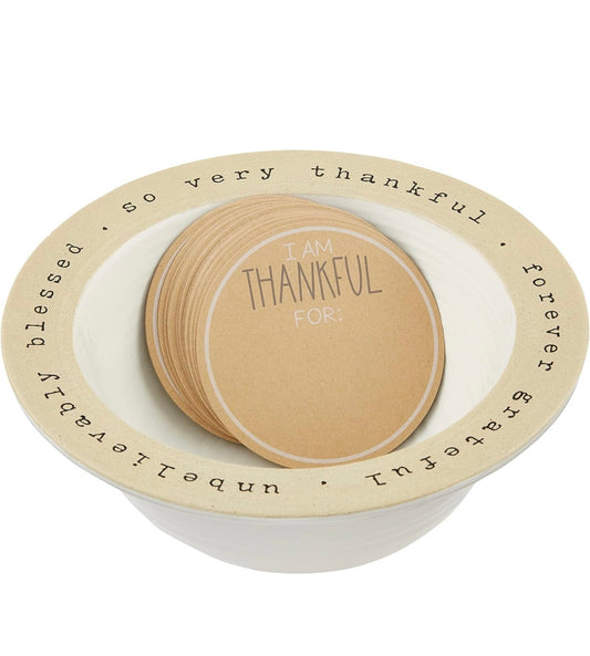 White and tan bowl with "so very thankful; forever grateful; unbelievably blessed".