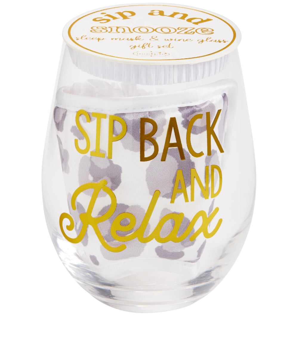 "Sip Back And Relax" sip & snooze wine glass & sleep mask set.