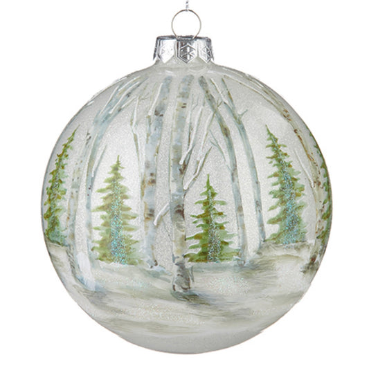5-inch glass ball Christmas ornament with a painted snowy birch forest.