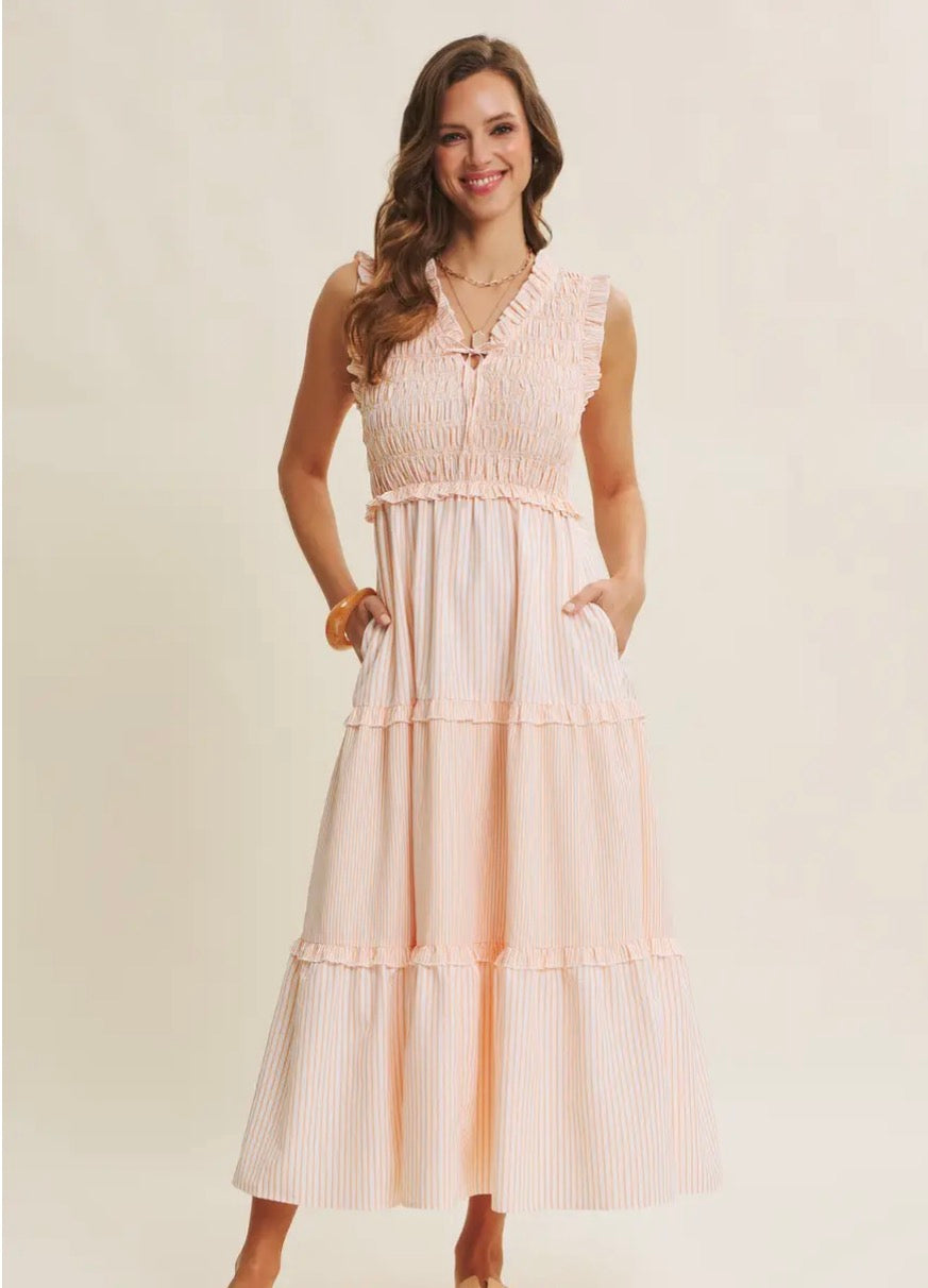 Instantly Uplifting Mixed Stripe Smocked
Midi Dress