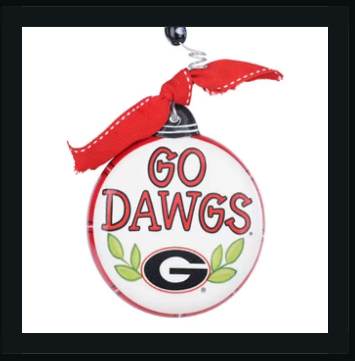 Christmas ornament featuring "Go Dawgs" in red lettering with the "G" emblem.