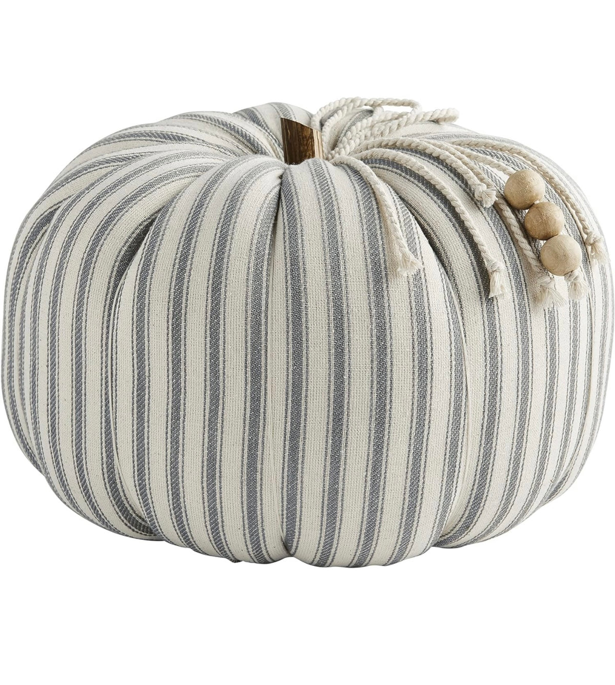Large Dark Gray Ticking Stripe Pumpkin with wooden beads.