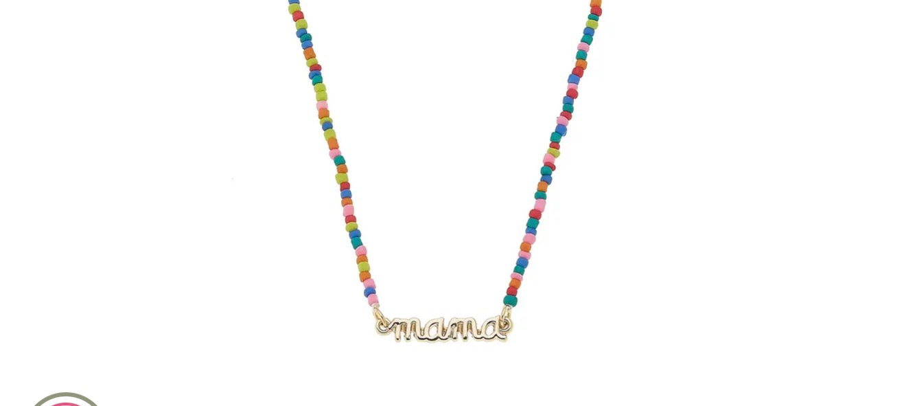 "Mama" Rainbow Beaded Script Necklace in Shiny Gold
