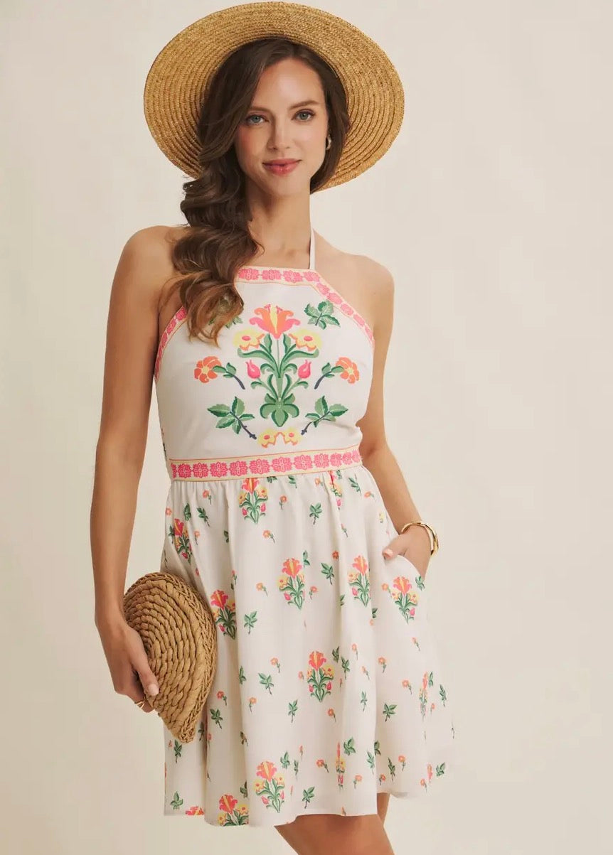 Mediterranean Muse Exclusive Print Smocked Back Halter Mini