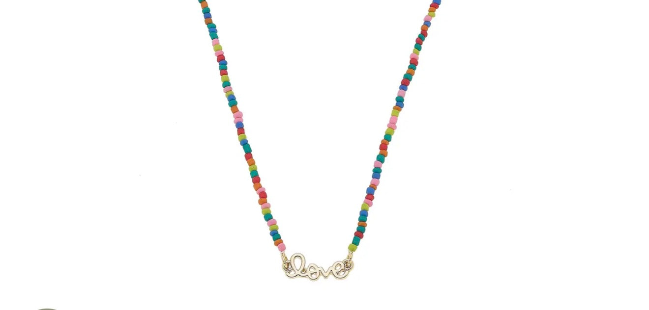 "Love" Rainbow Beaded Script Necklace in Shiny Gold