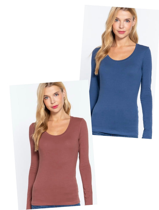 Models featuring basic scoop neck tops in assorted colors.