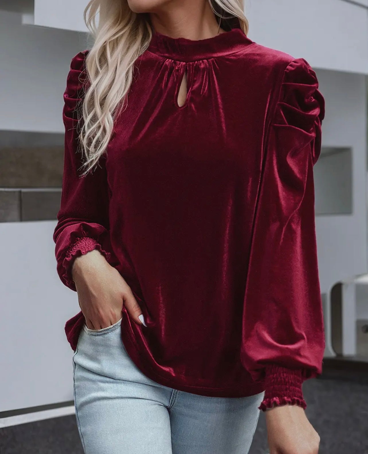 Dark red Velvet Mock Neck Blouse with pudd sleeves.