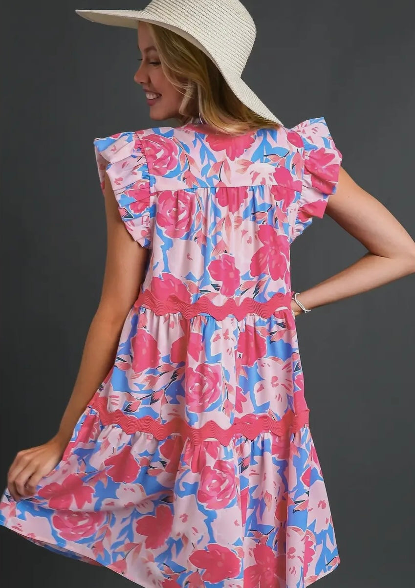 Floral Print Dress w/Ric Rac