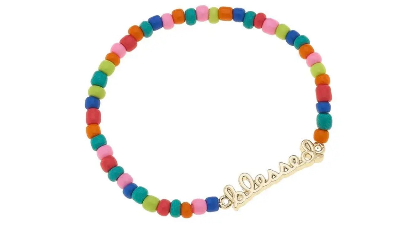 "Blessed" Rainbow Beaded Stretch Bracelet in Shiny Gold