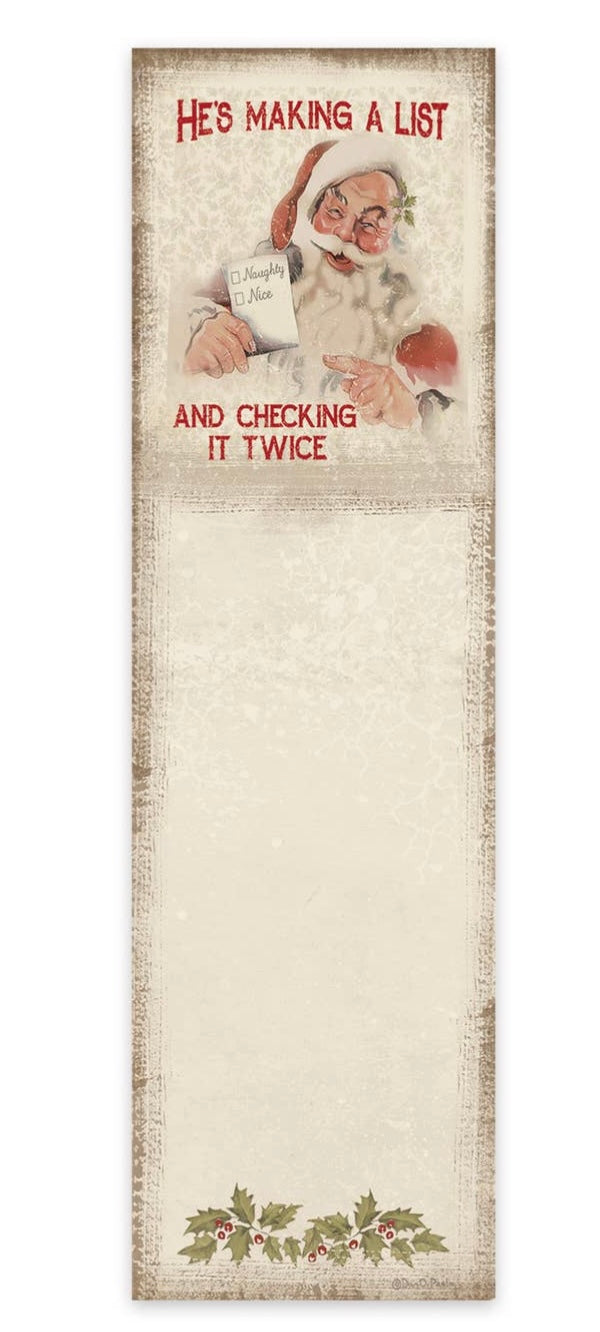 "He's making a list and checking it twice notepad with Santa.