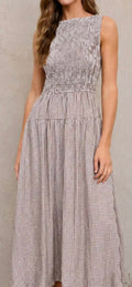 Smocked Gingham Tired Sleeveless Midi Dress