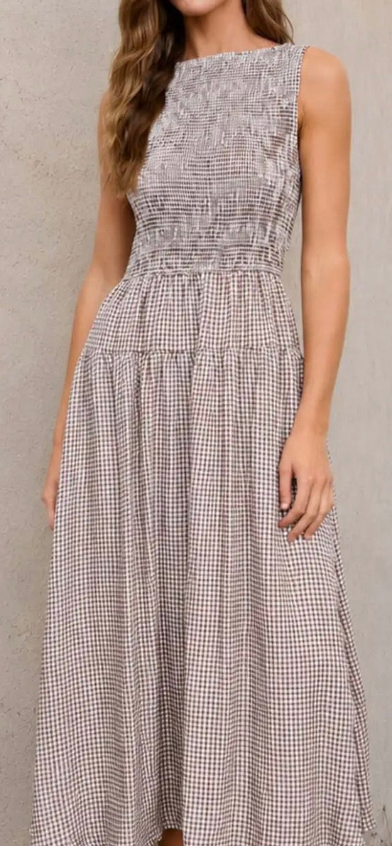 Smocked Gingham Tired Sleeveless Midi Dress