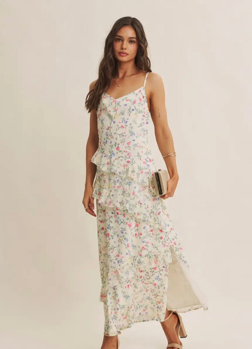 Floral Fantasy Asymmetrical Ruffled Maxi
Dress with Slit