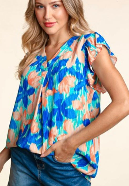 Floral V Neck Top With Ruffle Sleeve