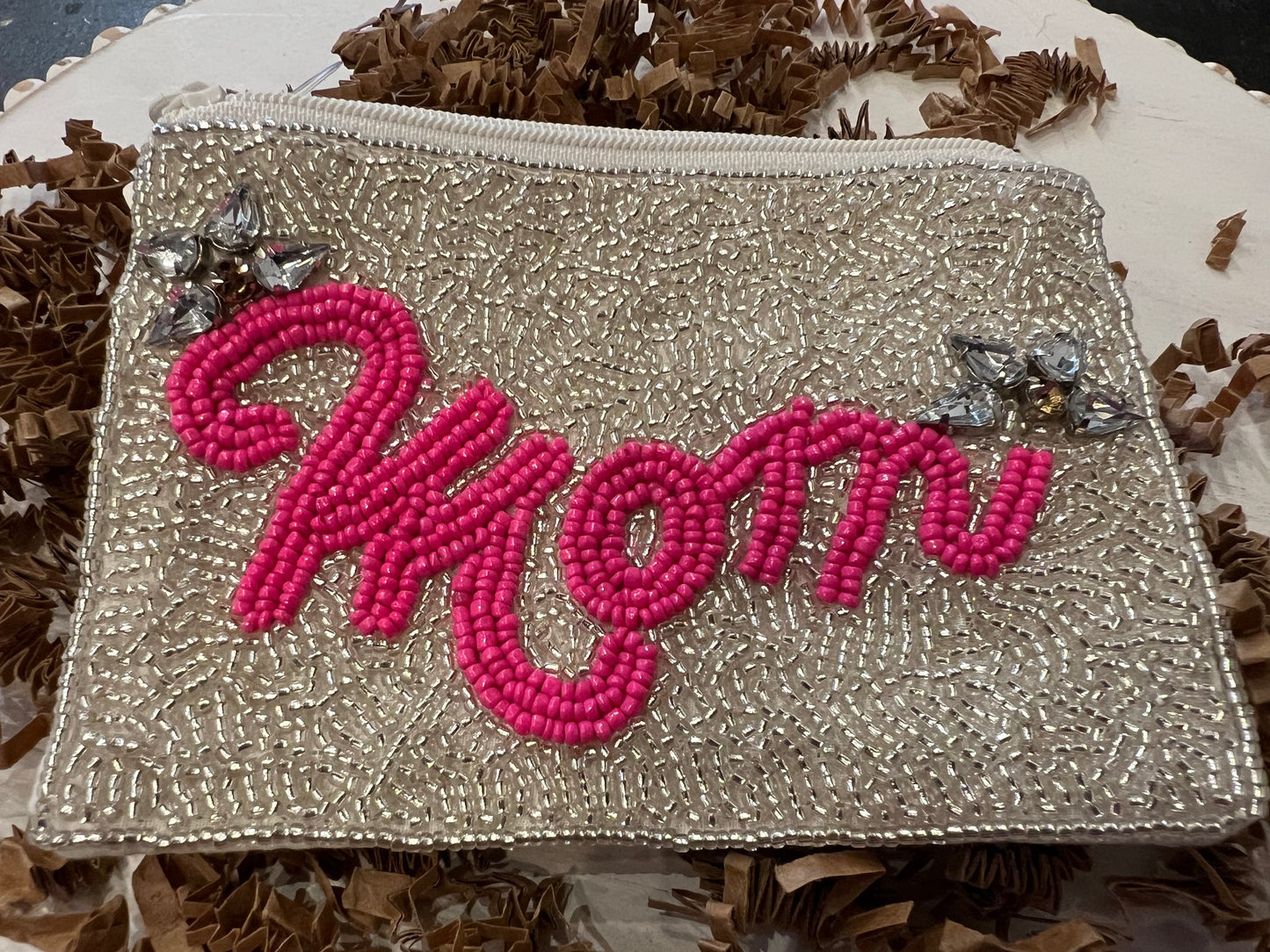 Square silver beaded coin bag featuring "Mom" in hot pink beaded with jewel accents.
