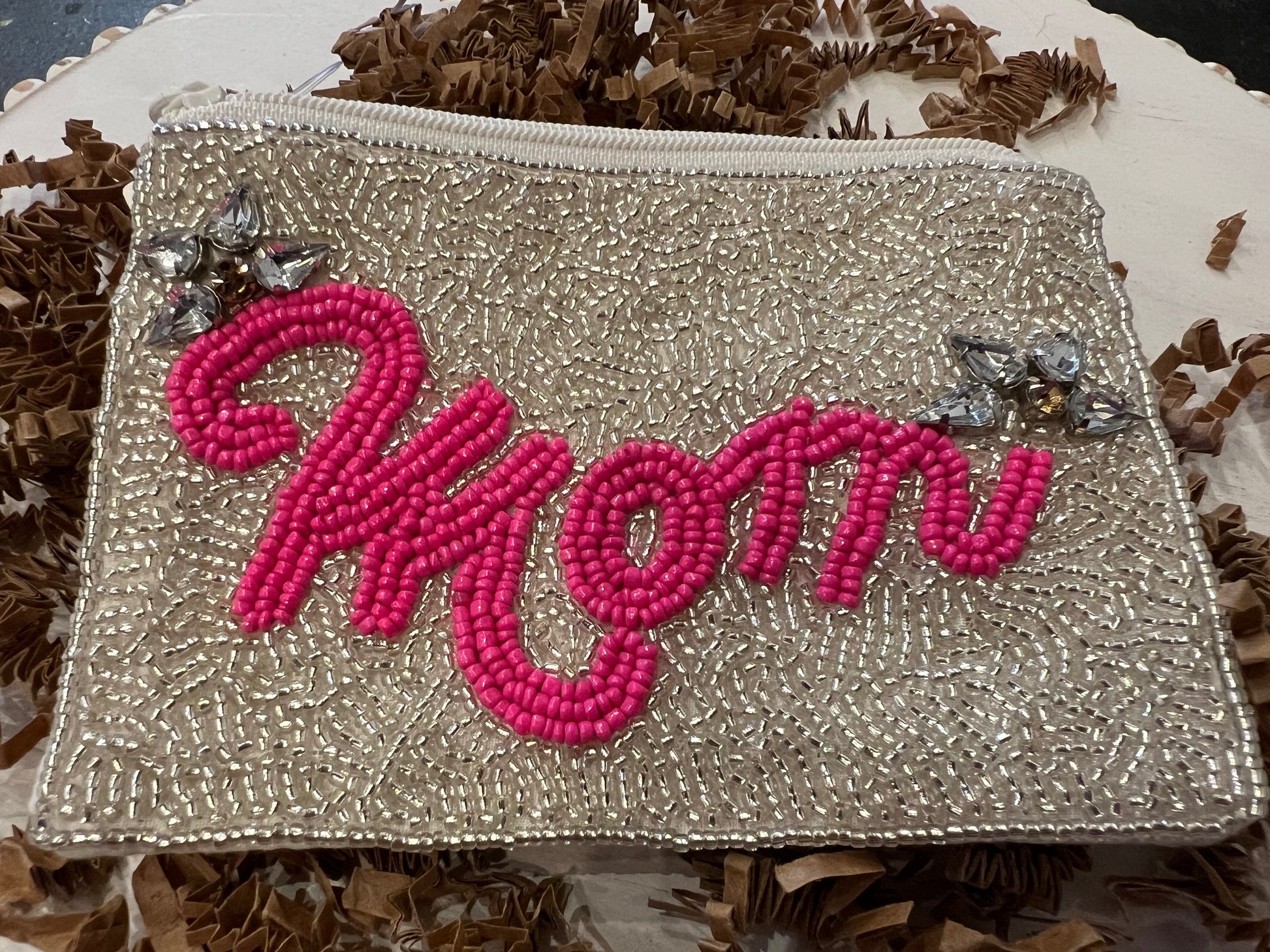 Square silver beaded coin bag featuring "Mom" in hot pink beaded with jewel accents.