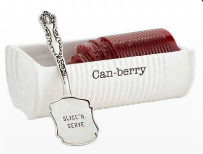 White cranberry dish featuring "Can-berry" and a serving spoon featuring "Slice 'N Serve".