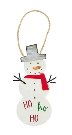Snowman with "Ho Ho Ho" tin Christmas ornament.