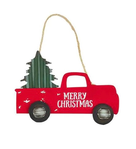 Red truck with Christmas tree and "Merry Christmas" tin Christmas ornament.