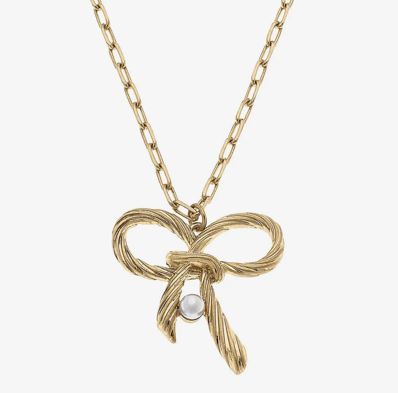 Amy Bow & Pearl Pendant Necklace in Worn Gold