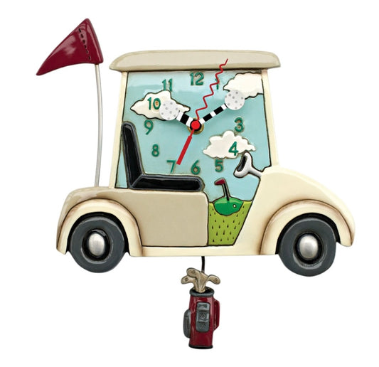Clock shaped like a golf cart with clouds as hands.