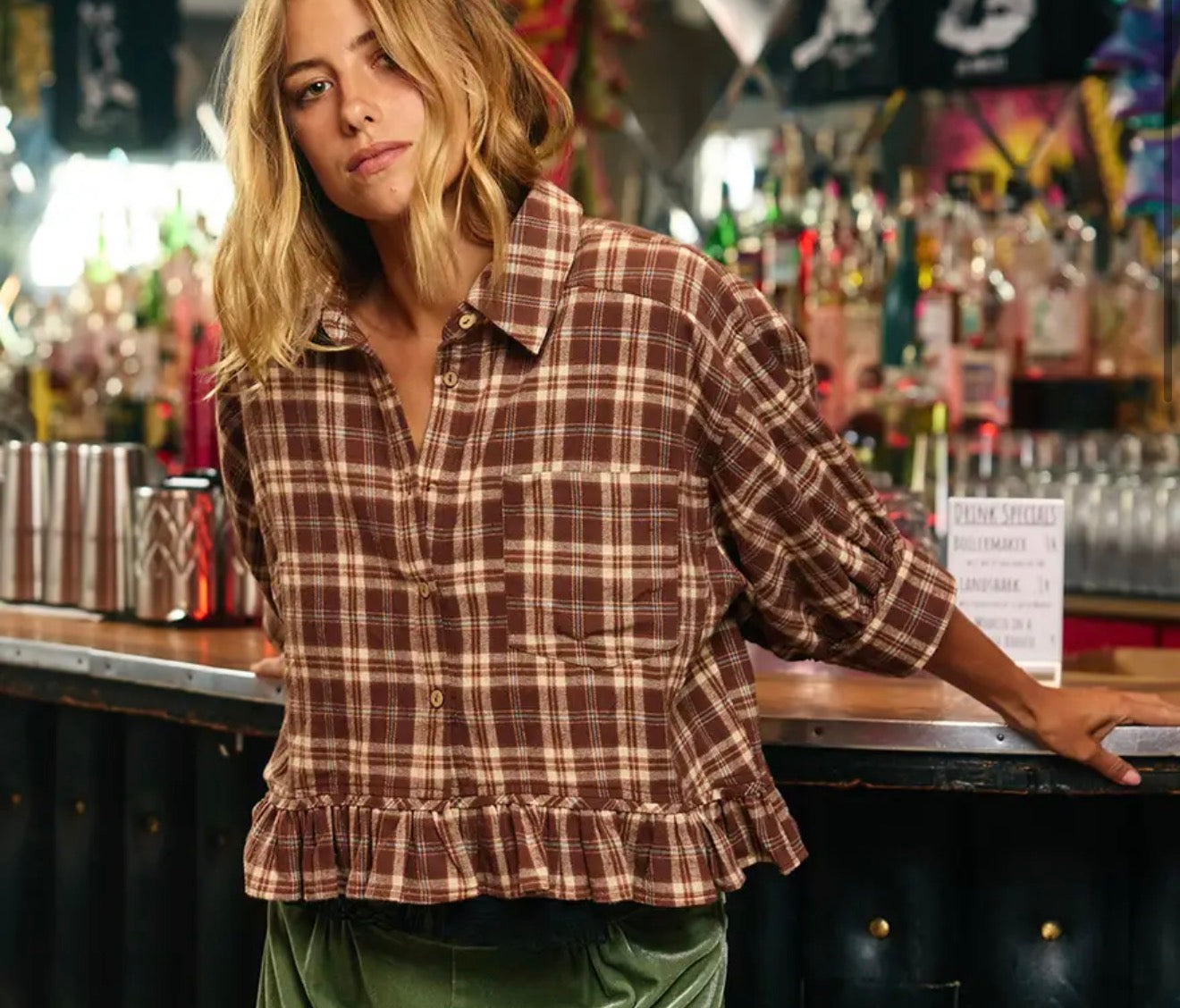 Checkered Ruffle Hemline Top