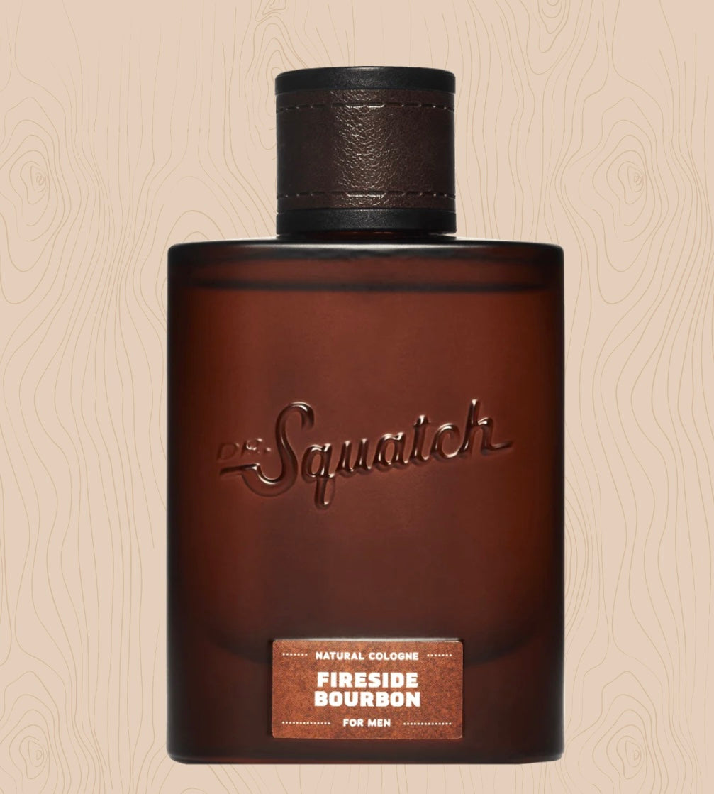 Dr. Squatch Cologne "Fireside Bourbon" in brown bottle.