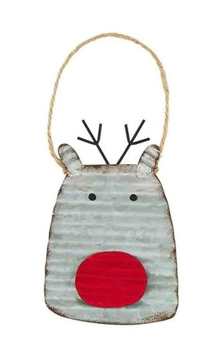 Reindeer with red nose tin Christmas ornament.