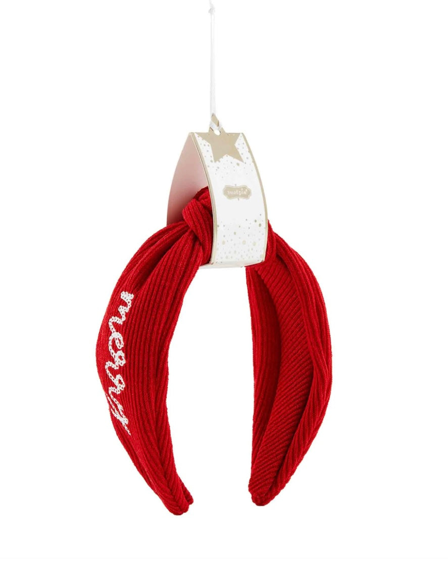 Red Christmas Embroidered Topknot Headband with white lettering.