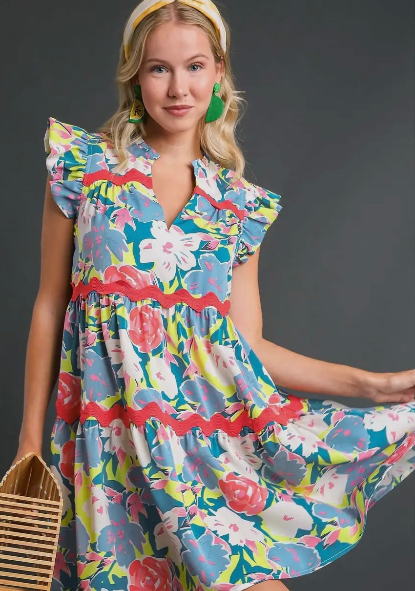 Floral Print Dress w/Ric Rac
