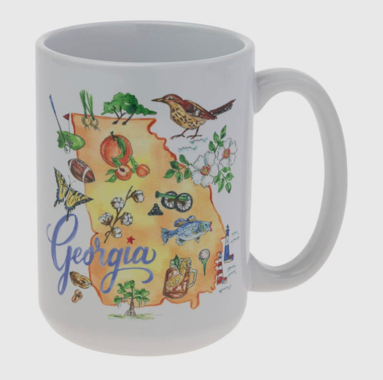 White mug with iconic elements of Georgia.