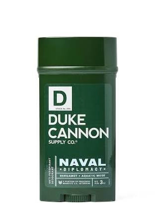 "Naval Diplomacy" Duke Cannon Supply Co. deodorant in green container.