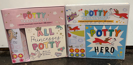 Assorted potty training sets with board book and stickers.