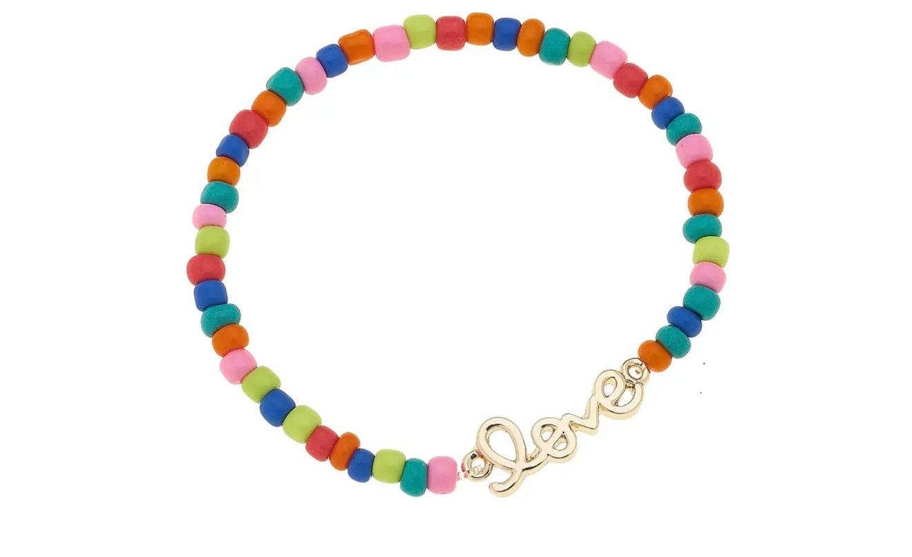 "Love" Rainbow Beaded Stretch Bracelet in Shiny Gold
