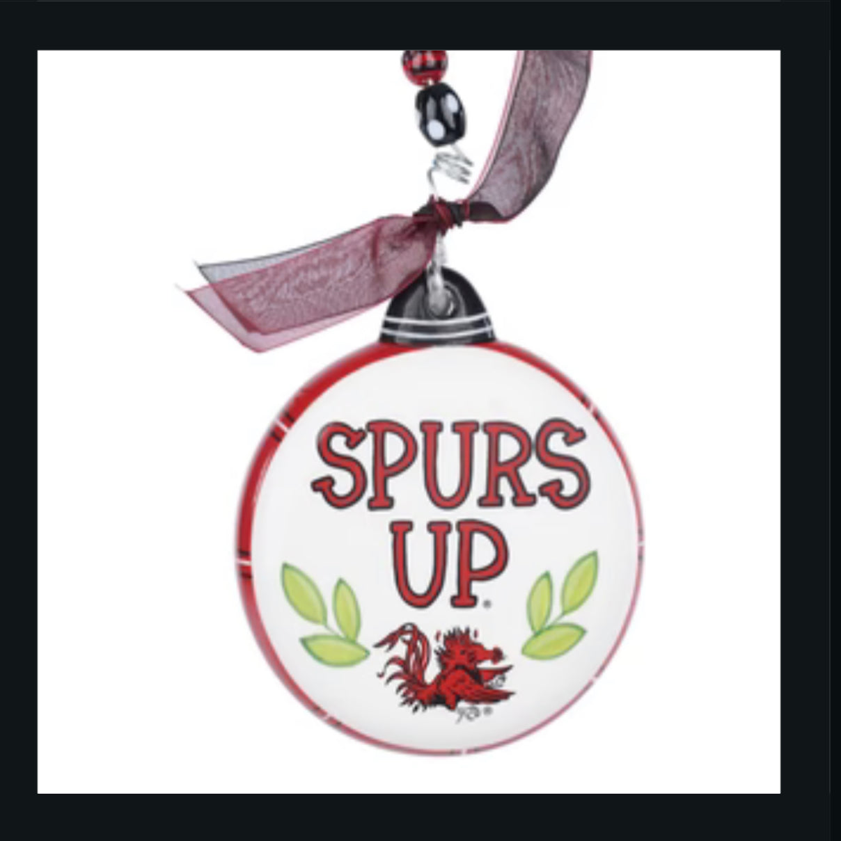 Christmas ornament featuring "Spurs Up" in garnet lettering with a gamecock.