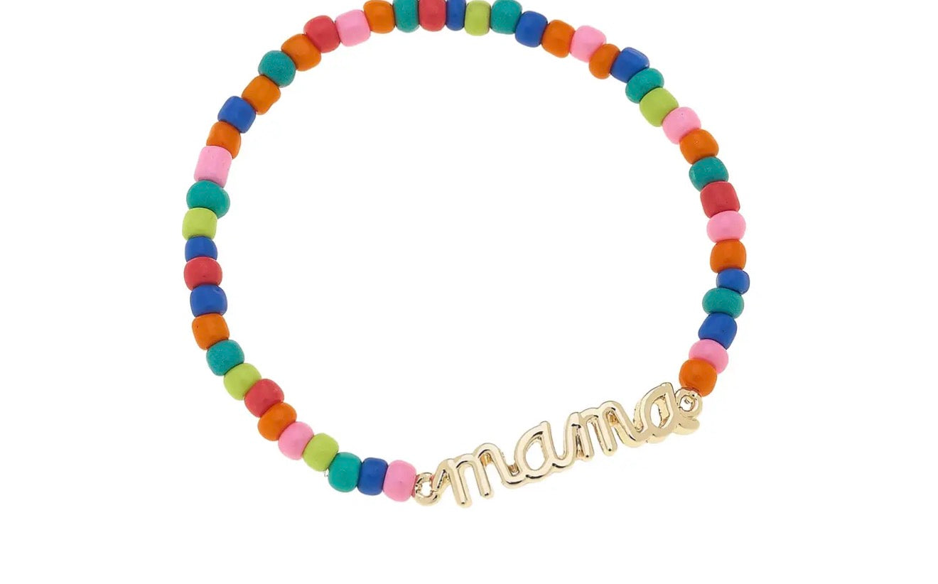 "Mama" Rainbow Beaded Stretch Bracelet in Shiny Gold