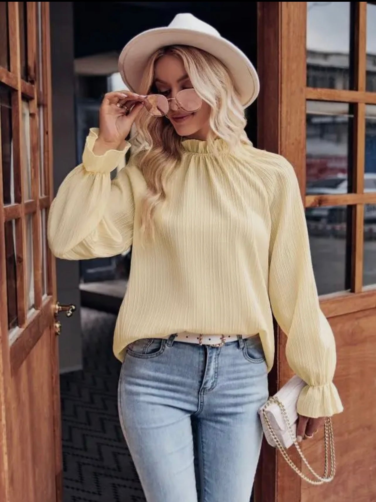 Solid Mock Neck Cuff Sleeve Blouse