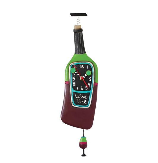 Clock shaped like a green wine bottle with red wine.