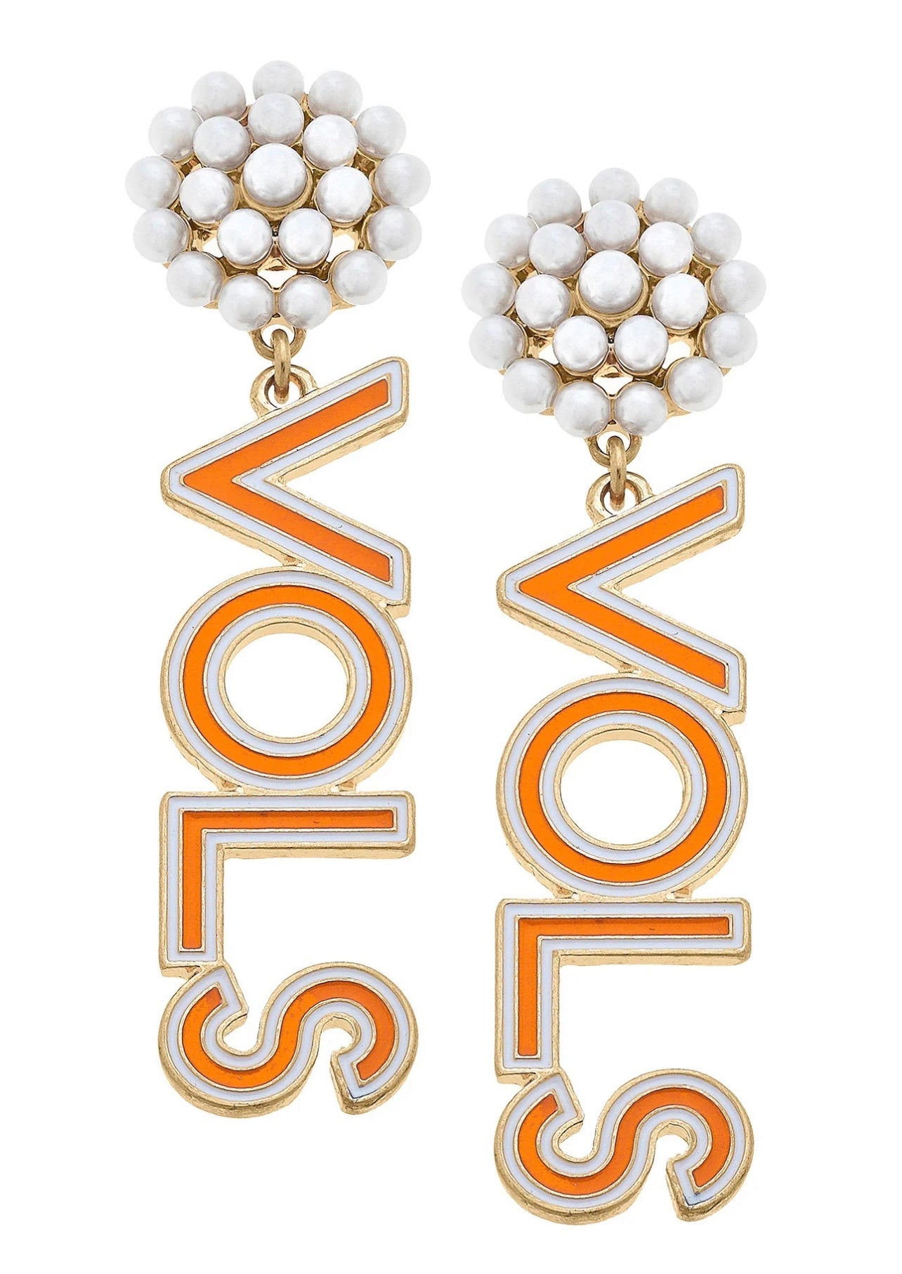 University of Tennesse college drop earrings with pearl cluster studs featuring "VOLS in orange and white.