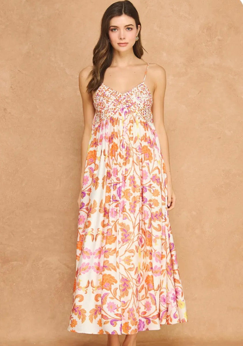 *Woven Floral Bodice Maxi Dress*