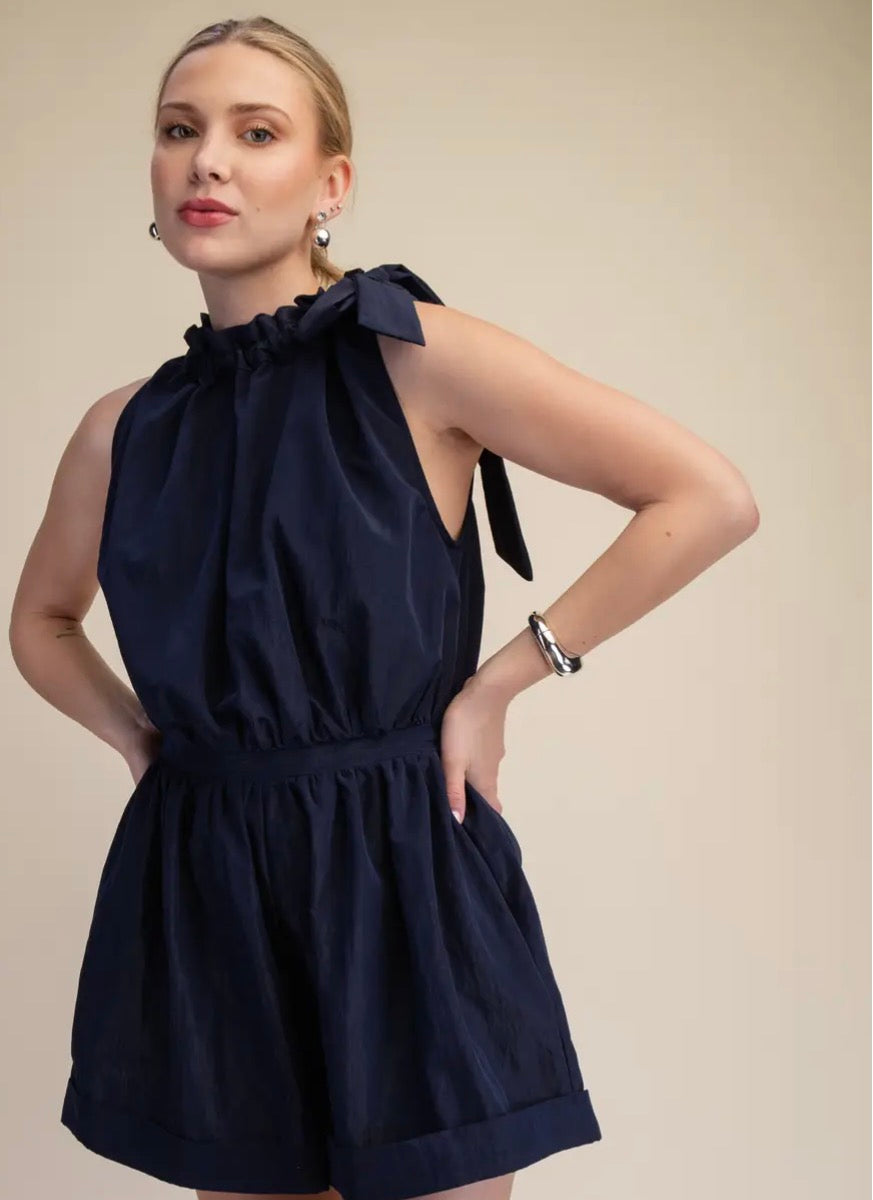 Ruffle Neck Tie Sleeveless Cuffs Hem Romper